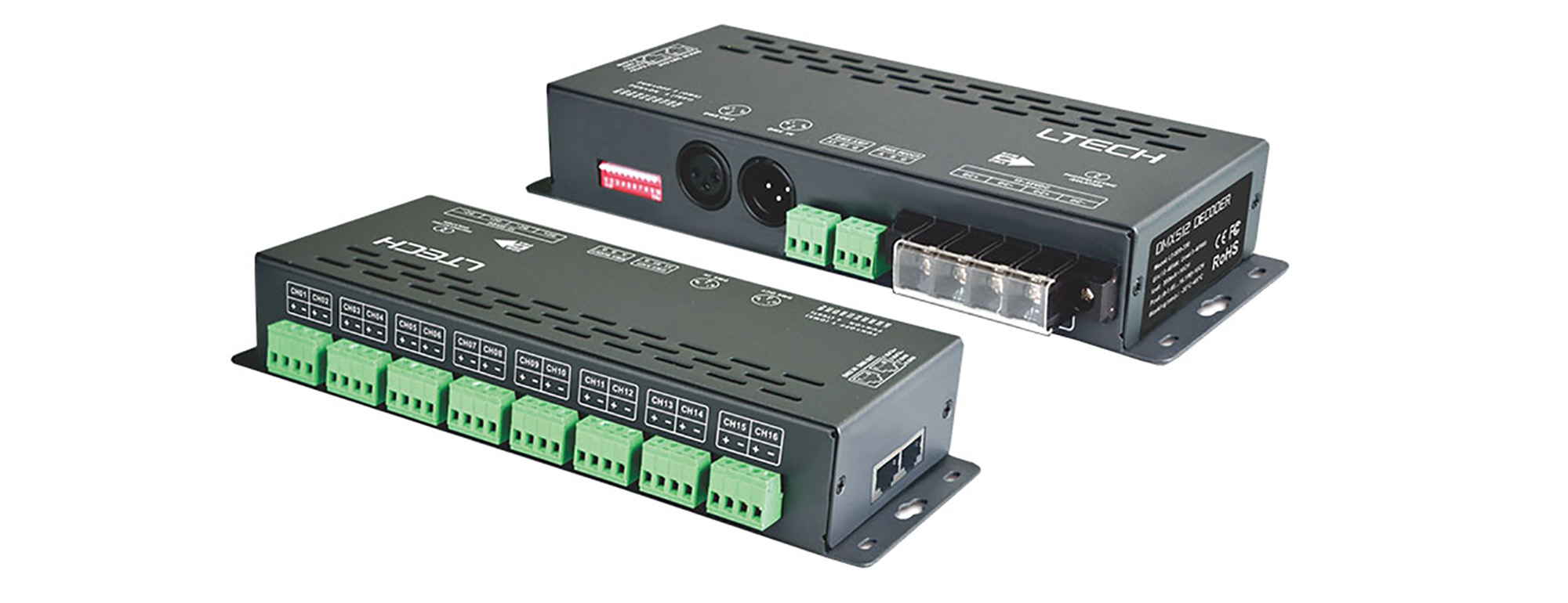880-700  16 Channel PWM-CC DMX Decoder 12/24/36/48V DC,700max16CH, 515.2W Max Power, 0-100% Dim range, IP44.